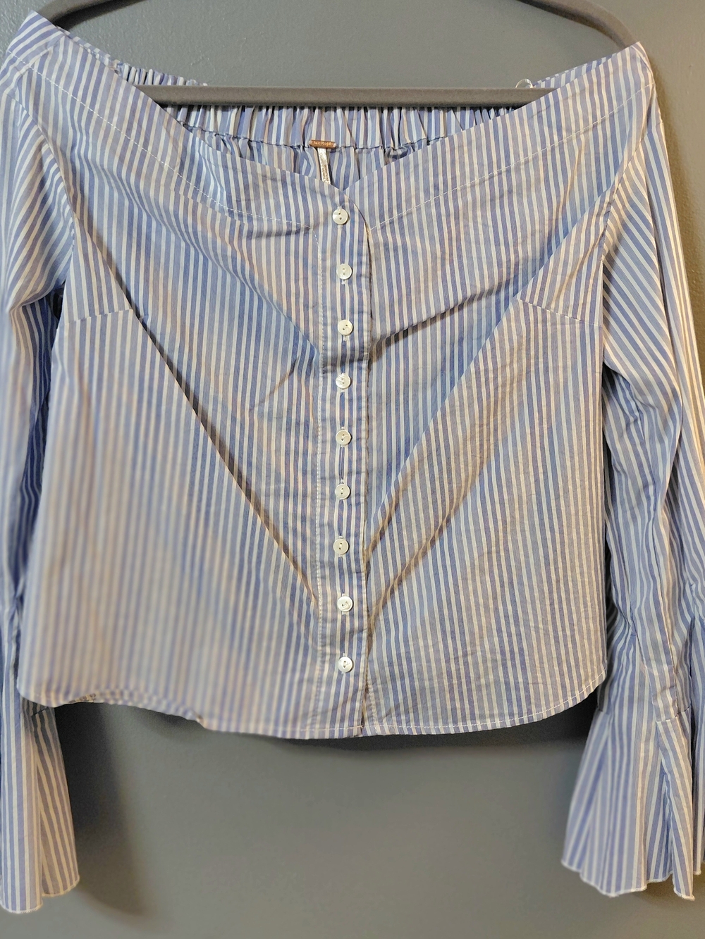 Free People Striped Off-Shoulder Button-Front Women’s Top - Blue